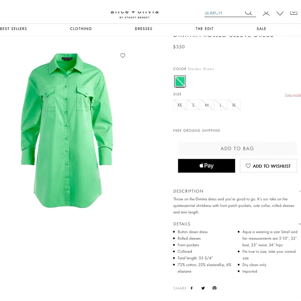 Alice + Olivia Dimitra Button Down Rolled Sleeve Green Mini Dress